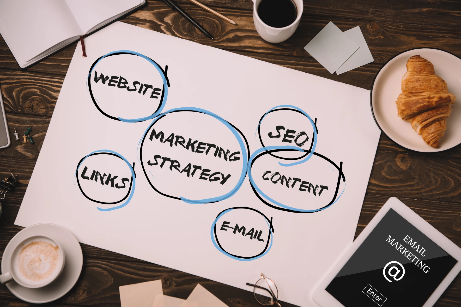 top  view of paper with marketing strategy digital